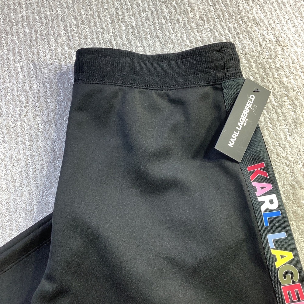Karl Lagerfeld Paris Black Rainbow Logo Tape Wide Leg Pants Size M NWT‎